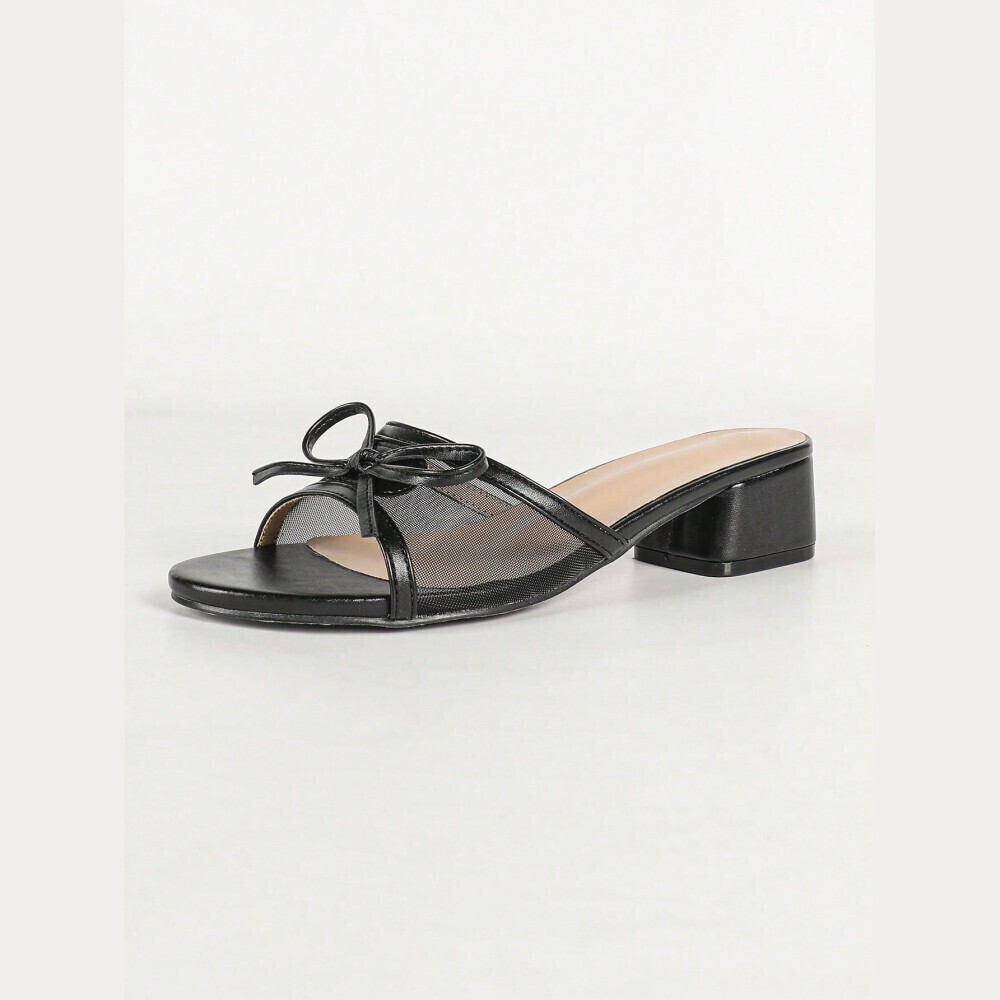 Black Faux Leather Mesh Bow Block Heel Slide Sandals